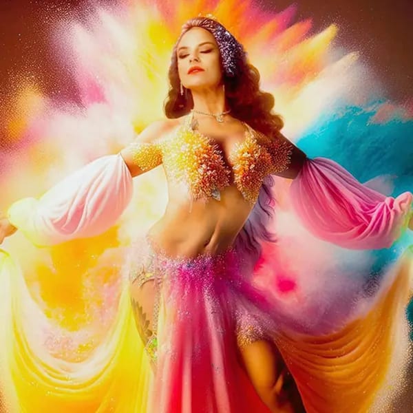 A woman in a vibrant Indian dance costume with flowing fabric and colorful powder exploding around her.